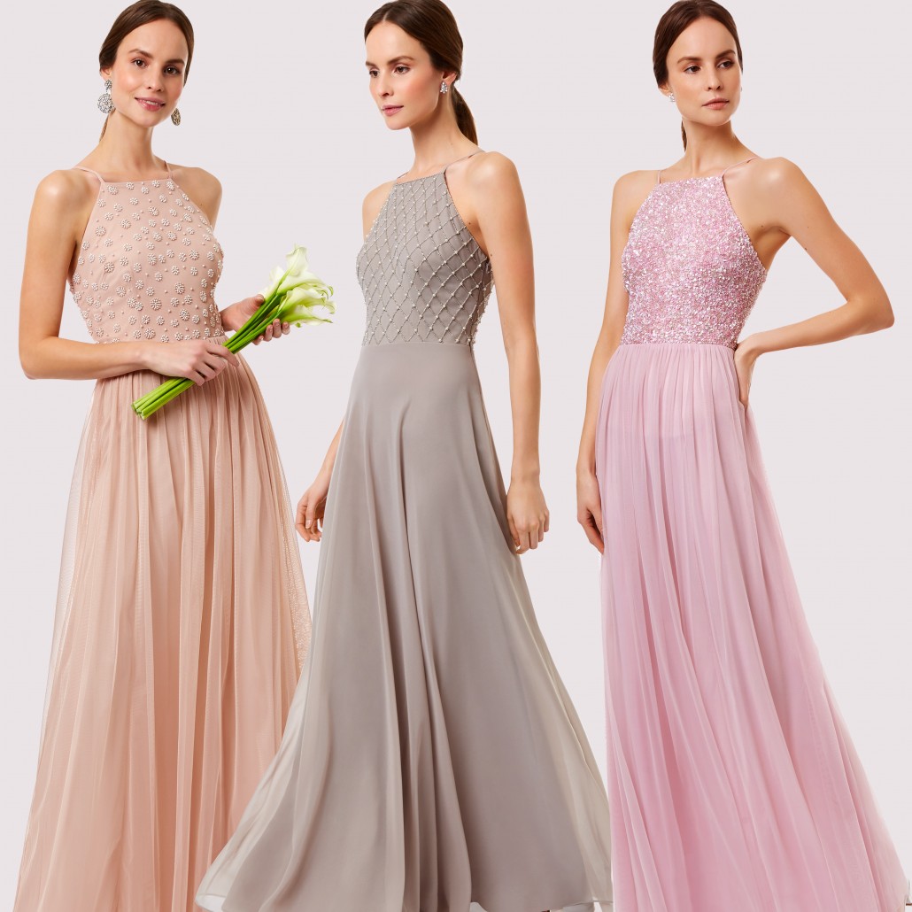 light pink, grey and pink dresses from the front