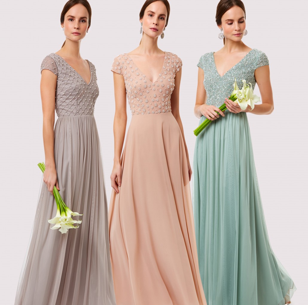 light pink, grey and green dresses from the front