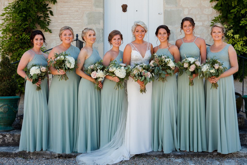 green dresses and white wedding dresses from the front