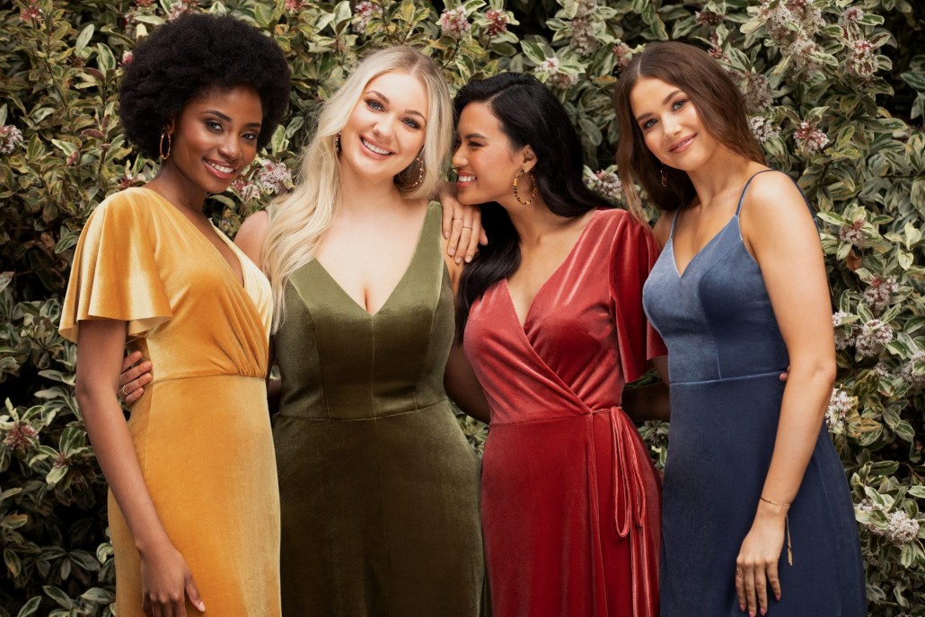 orange, green, red and blue dresses from the front